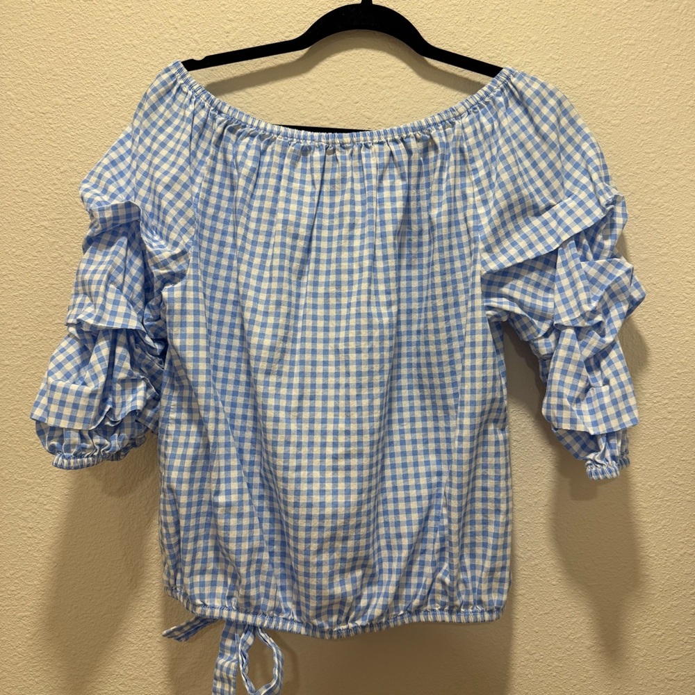 CeCe Light Blue Gingham Ruffle Sleeve Blouse - Picture 4 of 4